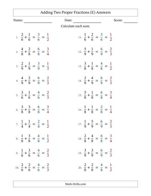 The Adding Two Proper Fractions with Equal Denominators, Proper Fractions Results and All Simplifying (Fillable) (E) Math Worksheet Page 2