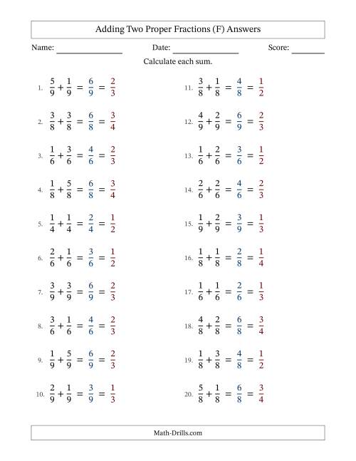The Adding Two Proper Fractions with Equal Denominators, Proper Fractions Results and All Simplifying (Fillable) (F) Math Worksheet Page 2