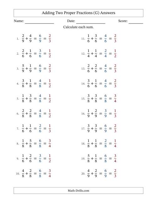 The Adding Two Proper Fractions with Equal Denominators, Proper Fractions Results and All Simplifying (Fillable) (G) Math Worksheet Page 2