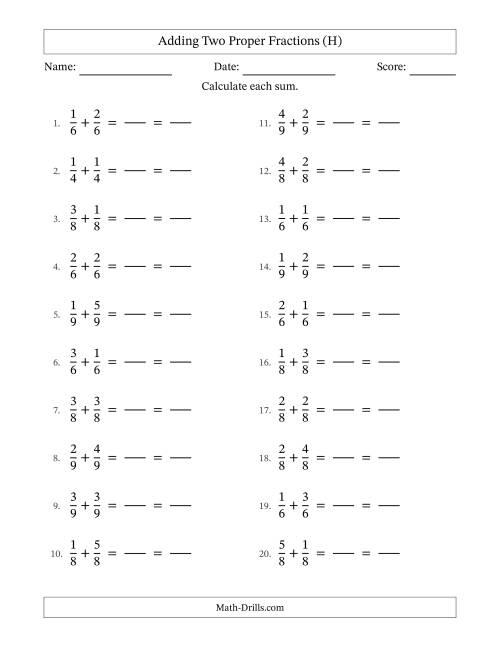The Adding Two Proper Fractions with Equal Denominators, Proper Fractions Results and All Simplifying (Fillable) (H) Math Worksheet