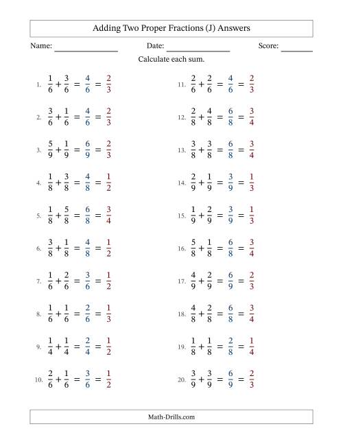 The Adding Two Proper Fractions with Equal Denominators, Proper Fractions Results and All Simplifying (Fillable) (J) Math Worksheet Page 2