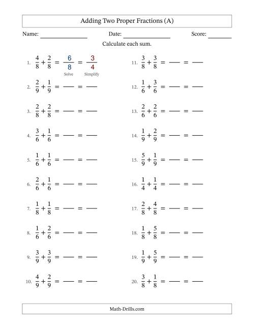 The Adding Two Proper Fractions with Equal Denominators, Proper Fractions Results and All Simplifying (Fillable) (All) Math Worksheet