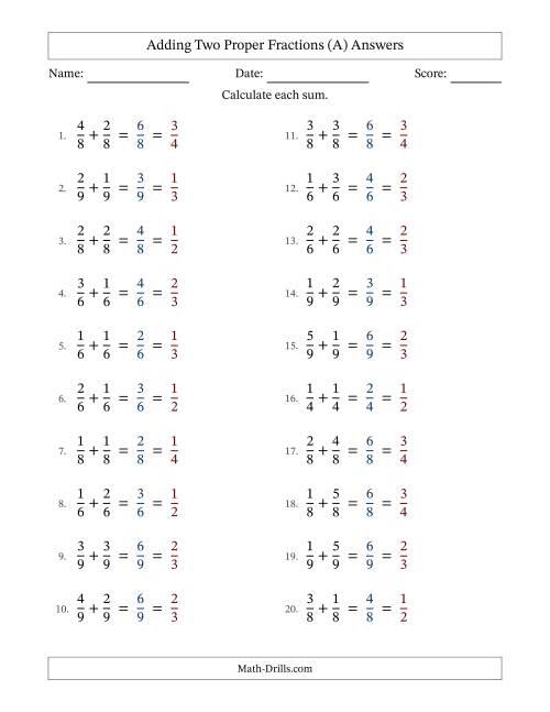 The Adding Two Proper Fractions with Equal Denominators, Proper Fractions Results and All Simplifying (Fillable) (All) Math Worksheet Page 2