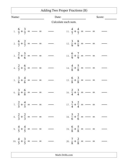 The Adding Two Proper Fractions with Equal Denominators, Mixed Fractions Results and No Simplifying (Fillable) (B) Math Worksheet
