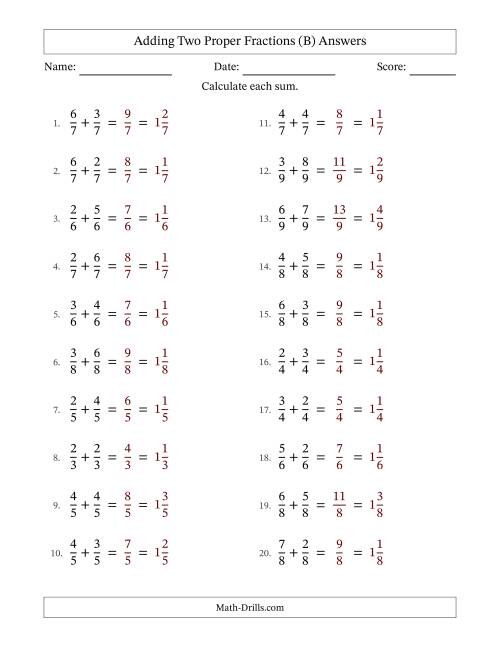 The Adding Two Proper Fractions with Equal Denominators, Mixed Fractions Results and No Simplifying (Fillable) (B) Math Worksheet Page 2
