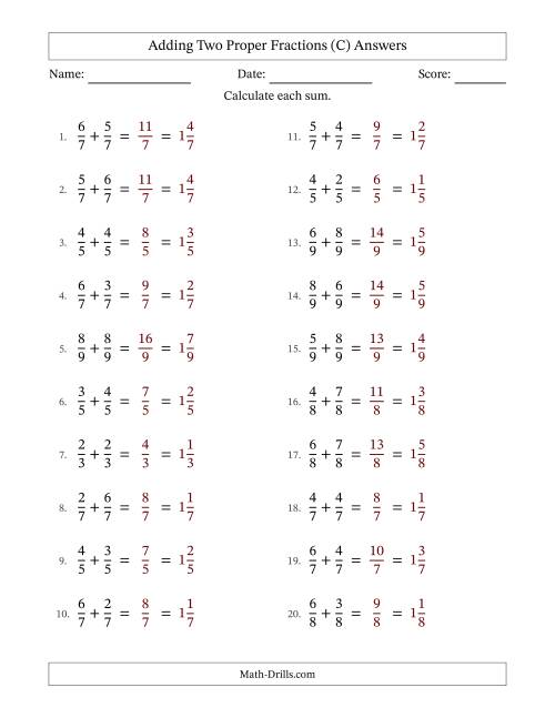 The Adding Two Proper Fractions with Equal Denominators, Mixed Fractions Results and No Simplifying (Fillable) (C) Math Worksheet Page 2