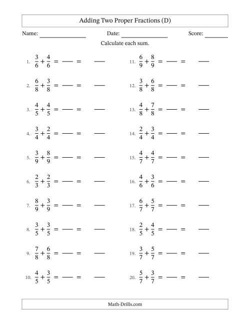 The Adding Two Proper Fractions with Equal Denominators, Mixed Fractions Results and No Simplifying (Fillable) (D) Math Worksheet