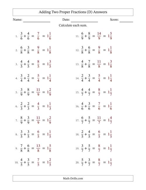 The Adding Two Proper Fractions with Equal Denominators, Mixed Fractions Results and No Simplifying (Fillable) (D) Math Worksheet Page 2