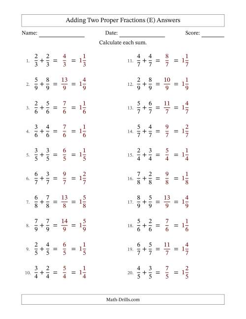 The Adding Two Proper Fractions with Equal Denominators, Mixed Fractions Results and No Simplifying (Fillable) (E) Math Worksheet Page 2
