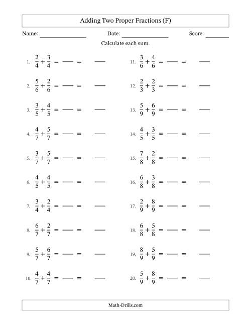The Adding Two Proper Fractions with Equal Denominators, Mixed Fractions Results and No Simplifying (Fillable) (F) Math Worksheet