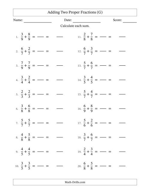 The Adding Two Proper Fractions with Equal Denominators, Mixed Fractions Results and No Simplifying (Fillable) (G) Math Worksheet