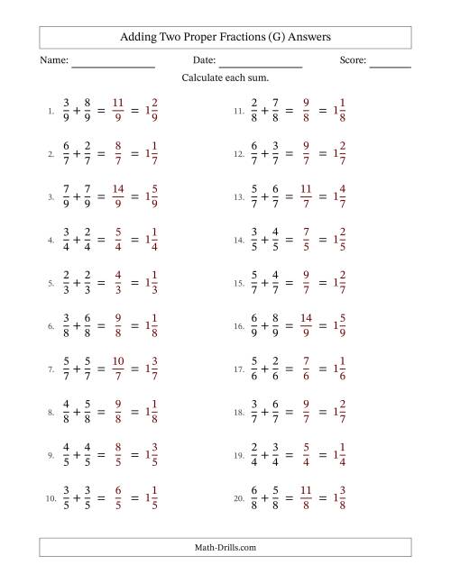 The Adding Two Proper Fractions with Equal Denominators, Mixed Fractions Results and No Simplifying (Fillable) (G) Math Worksheet Page 2