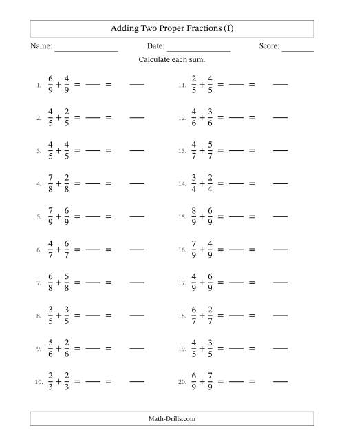 The Adding Two Proper Fractions with Equal Denominators, Mixed Fractions Results and No Simplifying (Fillable) (I) Math Worksheet
