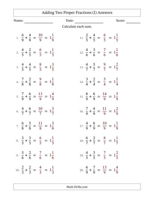 The Adding Two Proper Fractions with Equal Denominators, Mixed Fractions Results and No Simplifying (Fillable) (I) Math Worksheet Page 2