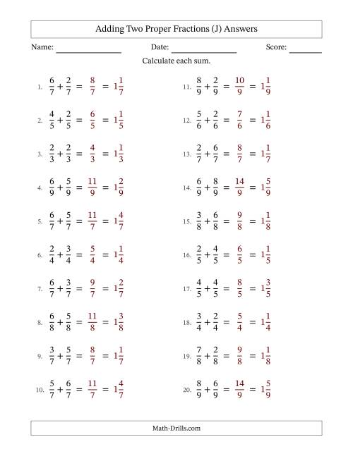 The Adding Two Proper Fractions with Equal Denominators, Mixed Fractions Results and No Simplifying (Fillable) (J) Math Worksheet Page 2