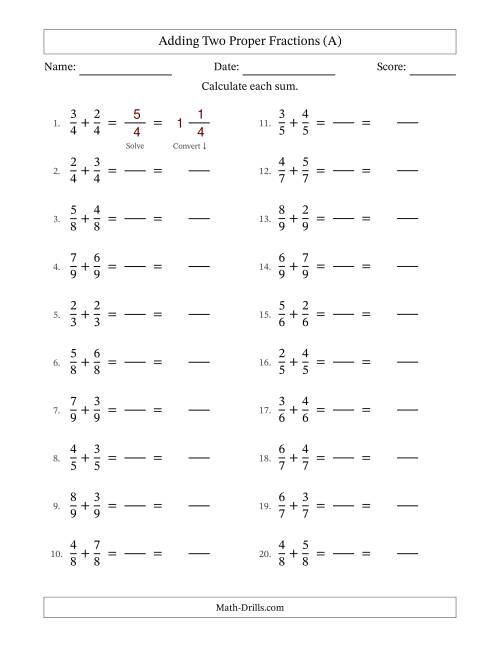 The Adding Two Proper Fractions with Equal Denominators, Mixed Fractions Results and No Simplifying (Fillable) (All) Math Worksheet