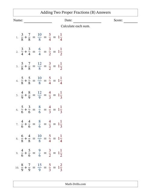 The Adding Two Proper Fractions with Equal Denominators, Mixed Fractions Results and All Simplifying (Fillable) (B) Math Worksheet Page 2