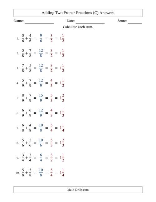 The Adding Two Proper Fractions with Equal Denominators, Mixed Fractions Results and All Simplifying (Fillable) (C) Math Worksheet Page 2