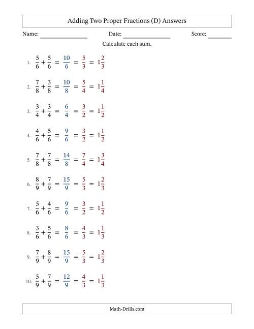 The Adding Two Proper Fractions with Equal Denominators, Mixed Fractions Results and All Simplifying (Fillable) (D) Math Worksheet Page 2