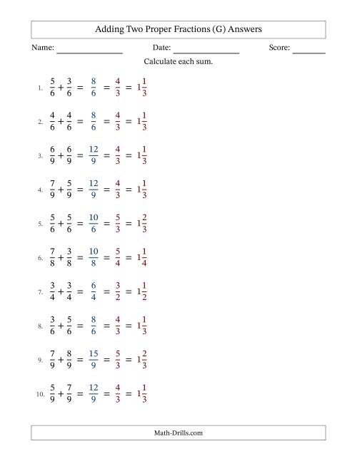 The Adding Two Proper Fractions with Equal Denominators, Mixed Fractions Results and All Simplifying (Fillable) (G) Math Worksheet Page 2