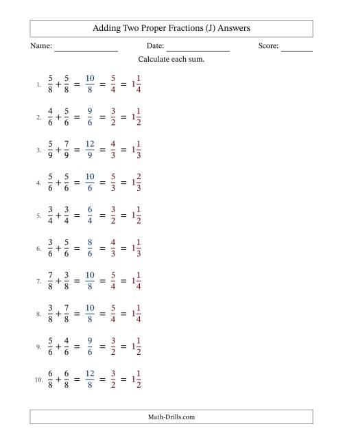 The Adding Two Proper Fractions with Equal Denominators, Mixed Fractions Results and All Simplifying (Fillable) (J) Math Worksheet Page 2