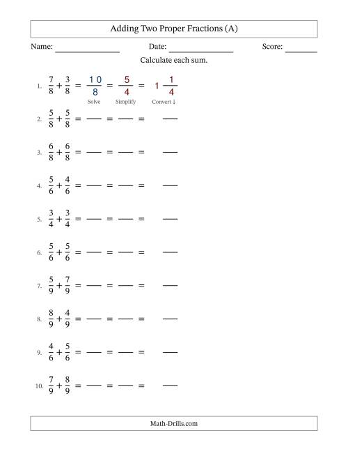 The Adding Two Proper Fractions with Equal Denominators, Mixed Fractions Results and All Simplifying (Fillable) (All) Math Worksheet