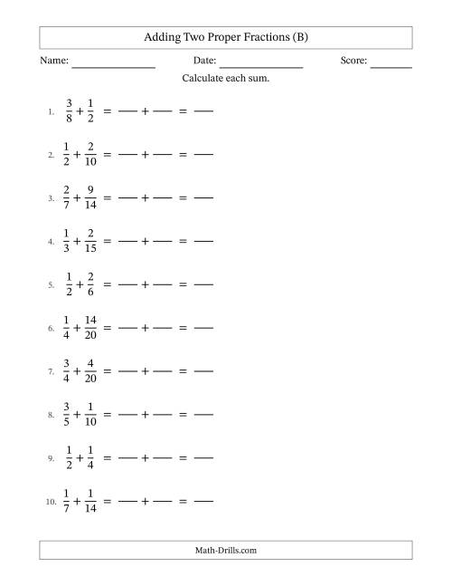 The Adding Two Proper Fractions with Similar Denominators, Proper Fractions Results and No Simplifying (Fillable) (B) Math Worksheet