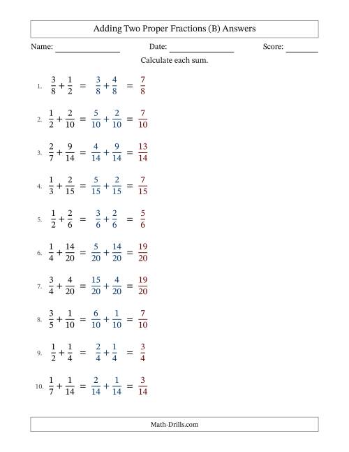 The Adding Two Proper Fractions with Similar Denominators, Proper Fractions Results and No Simplifying (Fillable) (B) Math Worksheet Page 2