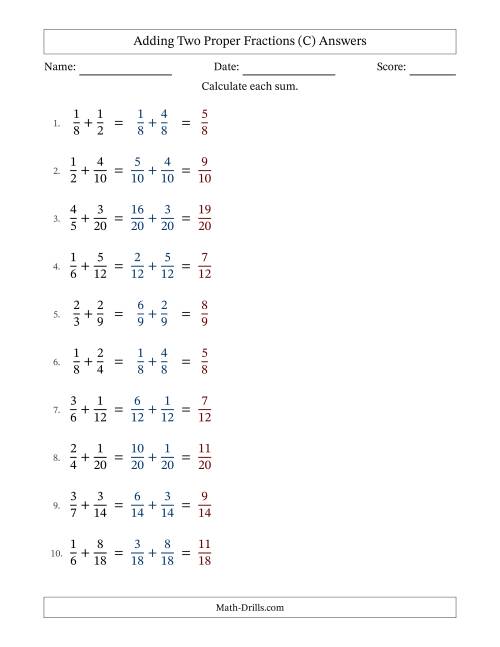 The Adding Two Proper Fractions with Similar Denominators, Proper Fractions Results and No Simplifying (Fillable) (C) Math Worksheet Page 2