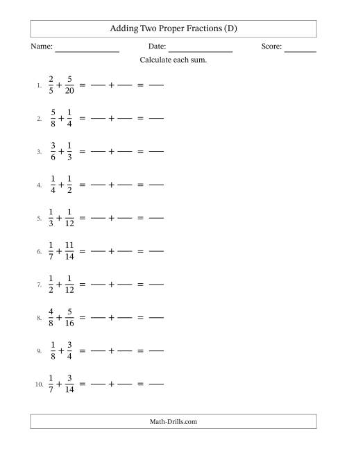 The Adding Two Proper Fractions with Similar Denominators, Proper Fractions Results and No Simplifying (Fillable) (D) Math Worksheet
