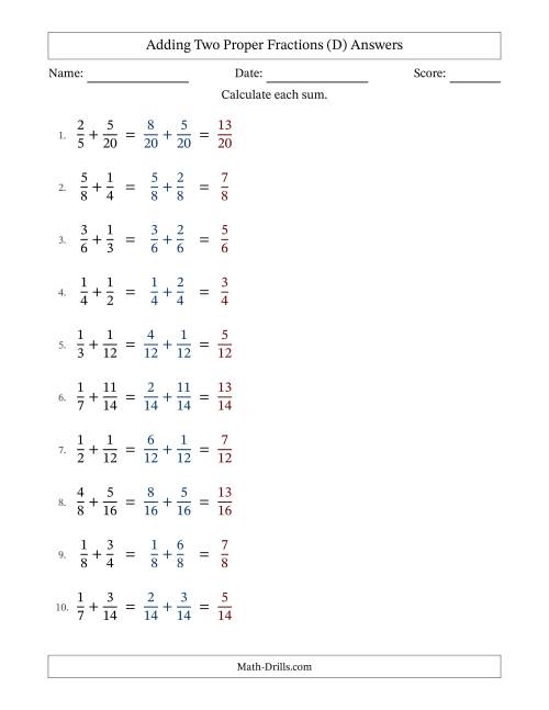 The Adding Two Proper Fractions with Similar Denominators, Proper Fractions Results and No Simplifying (Fillable) (D) Math Worksheet Page 2
