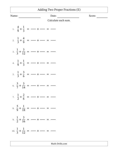 The Adding Two Proper Fractions with Similar Denominators, Proper Fractions Results and No Simplifying (Fillable) (E) Math Worksheet