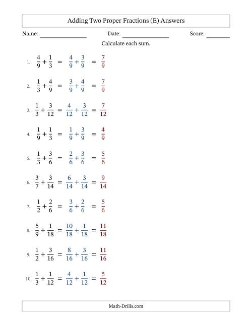 The Adding Two Proper Fractions with Similar Denominators, Proper Fractions Results and No Simplifying (Fillable) (E) Math Worksheet Page 2