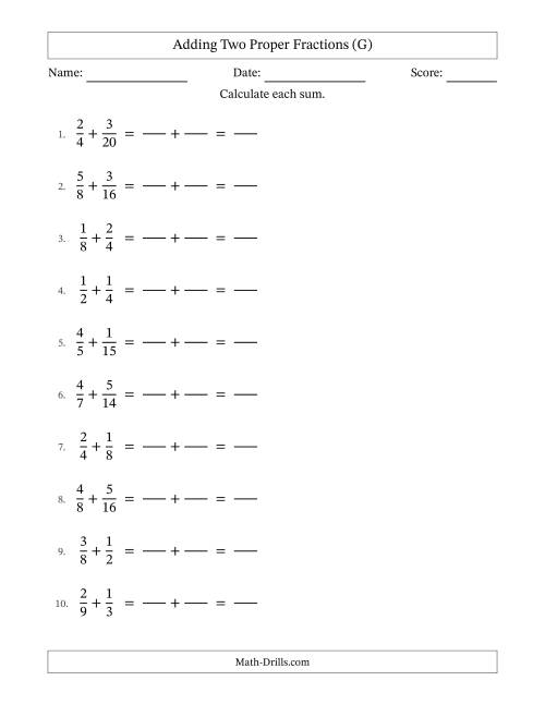The Adding Two Proper Fractions with Similar Denominators, Proper Fractions Results and No Simplifying (Fillable) (G) Math Worksheet
