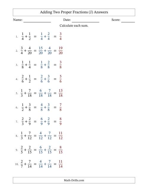 The Adding Two Proper Fractions with Similar Denominators, Proper Fractions Results and No Simplifying (Fillable) (J) Math Worksheet Page 2