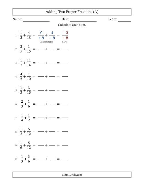 The Adding Two Proper Fractions with Similar Denominators, Proper Fractions Results and No Simplifying (Fillable) (All) Math Worksheet