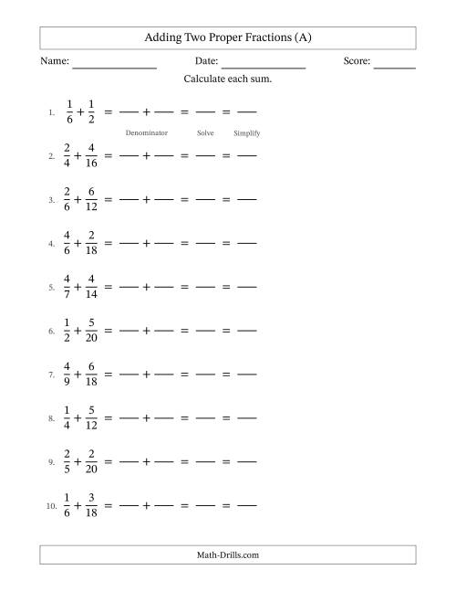 The Adding Two Proper Fractions with Similar Denominators, Proper Fractions Results and All Simplifying (Fillable) (A) Math Worksheet