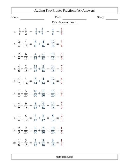 The Adding Two Proper Fractions with Similar Denominators, Proper Fractions Results and All Simplifying (Fillable) (A) Math Worksheet Page 2