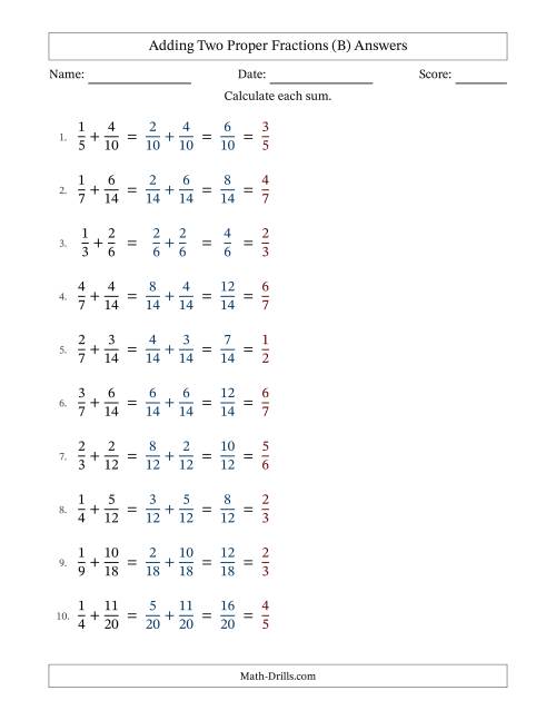 The Adding Two Proper Fractions with Similar Denominators, Proper Fractions Results and All Simplifying (Fillable) (B) Math Worksheet Page 2