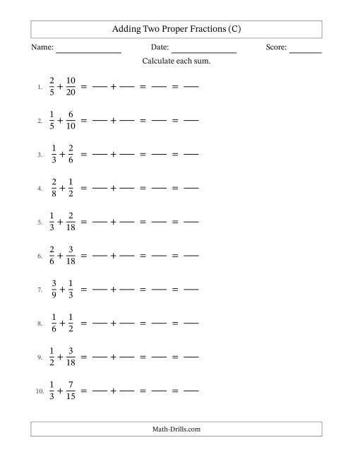 The Adding Two Proper Fractions with Similar Denominators, Proper Fractions Results and All Simplifying (Fillable) (C) Math Worksheet