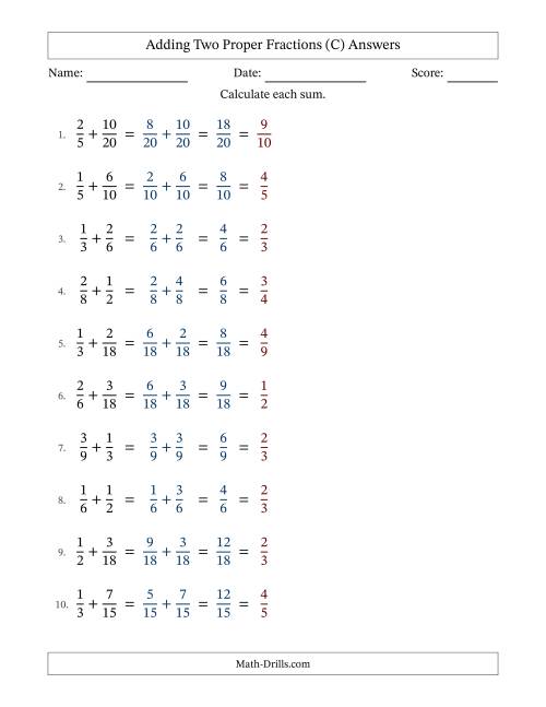 The Adding Two Proper Fractions with Similar Denominators, Proper Fractions Results and All Simplifying (Fillable) (C) Math Worksheet Page 2
