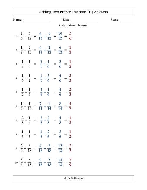 The Adding Two Proper Fractions with Similar Denominators, Proper Fractions Results and All Simplifying (Fillable) (D) Math Worksheet Page 2