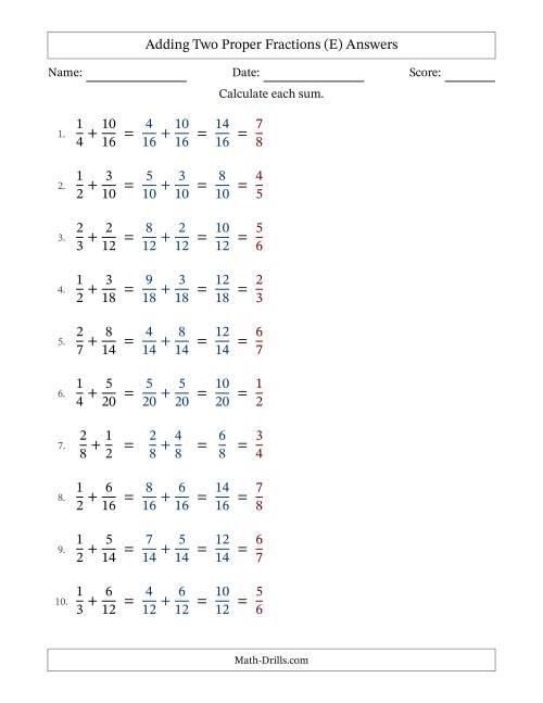 The Adding Two Proper Fractions with Similar Denominators, Proper Fractions Results and All Simplifying (Fillable) (E) Math Worksheet Page 2