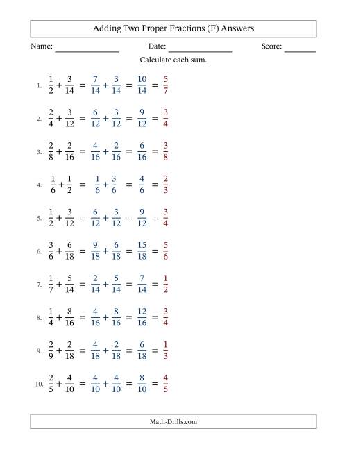 The Adding Two Proper Fractions with Similar Denominators, Proper Fractions Results and All Simplifying (Fillable) (F) Math Worksheet Page 2
