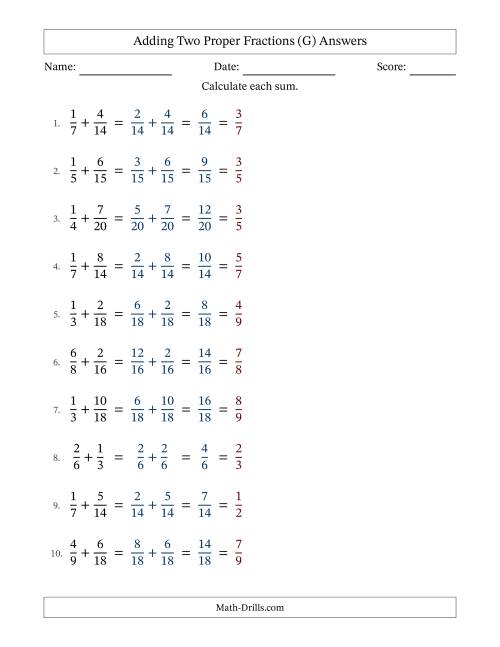 The Adding Two Proper Fractions with Similar Denominators, Proper Fractions Results and All Simplifying (Fillable) (G) Math Worksheet Page 2