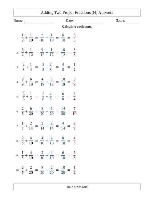 The Adding Two Proper Fractions with Similar Denominators, Proper Fractions Results and All Simplifying (Fillable) (H) Math Worksheet Page 2