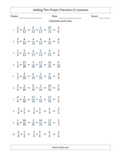 The Adding Two Proper Fractions with Similar Denominators, Proper Fractions Results and All Simplifying (Fillable) (I) Math Worksheet Page 2