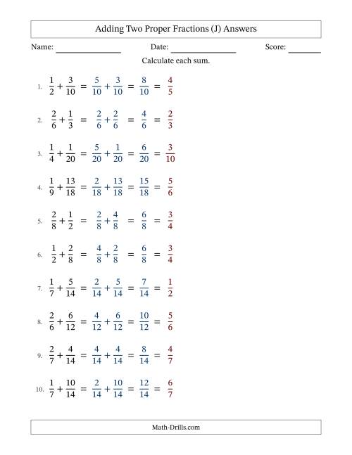 The Adding Two Proper Fractions with Similar Denominators, Proper Fractions Results and All Simplifying (Fillable) (J) Math Worksheet Page 2