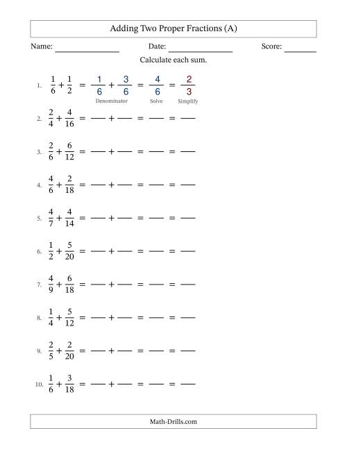 The Adding Two Proper Fractions with Similar Denominators, Proper Fractions Results and All Simplifying (Fillable) (All) Math Worksheet