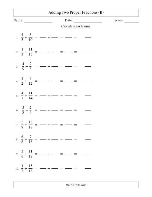The Adding Two Proper Fractions with Similar Denominators, Mixed Fractions Results and No Simplifying (Fillable) (B) Math Worksheet